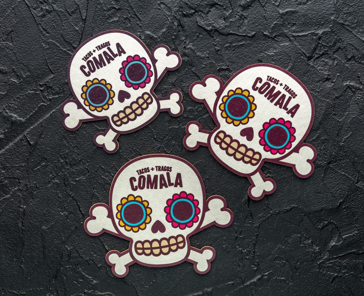 posavasos impresos de forma troquelada calavera ovalo triángulo